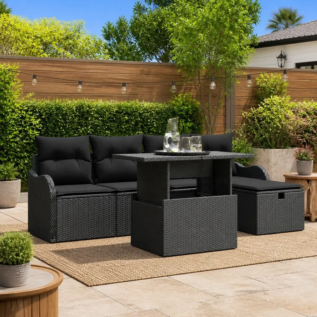 6-Piece Modular Black Rattan Garden Sofa Set