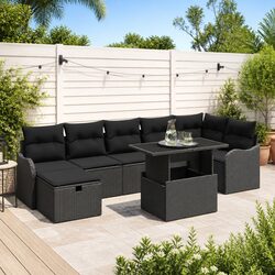 8-Piece Black Poly Rattan Modular Garden Sofa Set