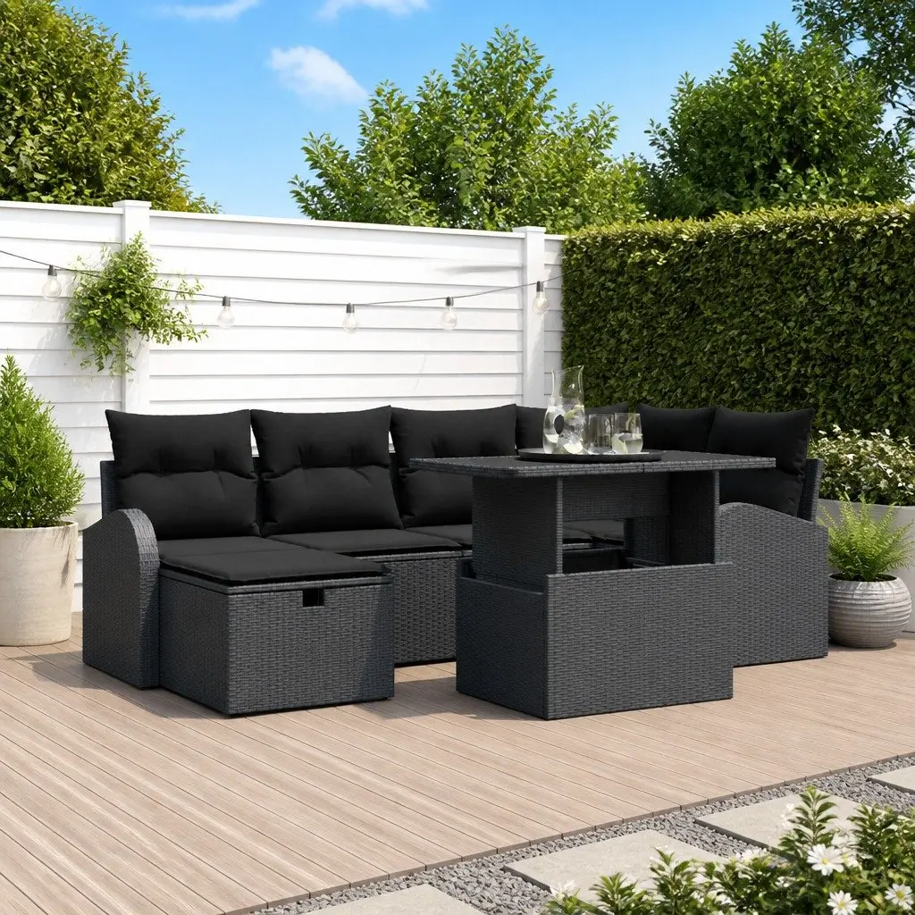Modular 7 Piece Black Poly Rattan Garden Sofa Set