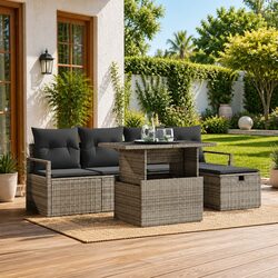 6-Piece Modular Grey Poly Rattan Garden Sofa Set