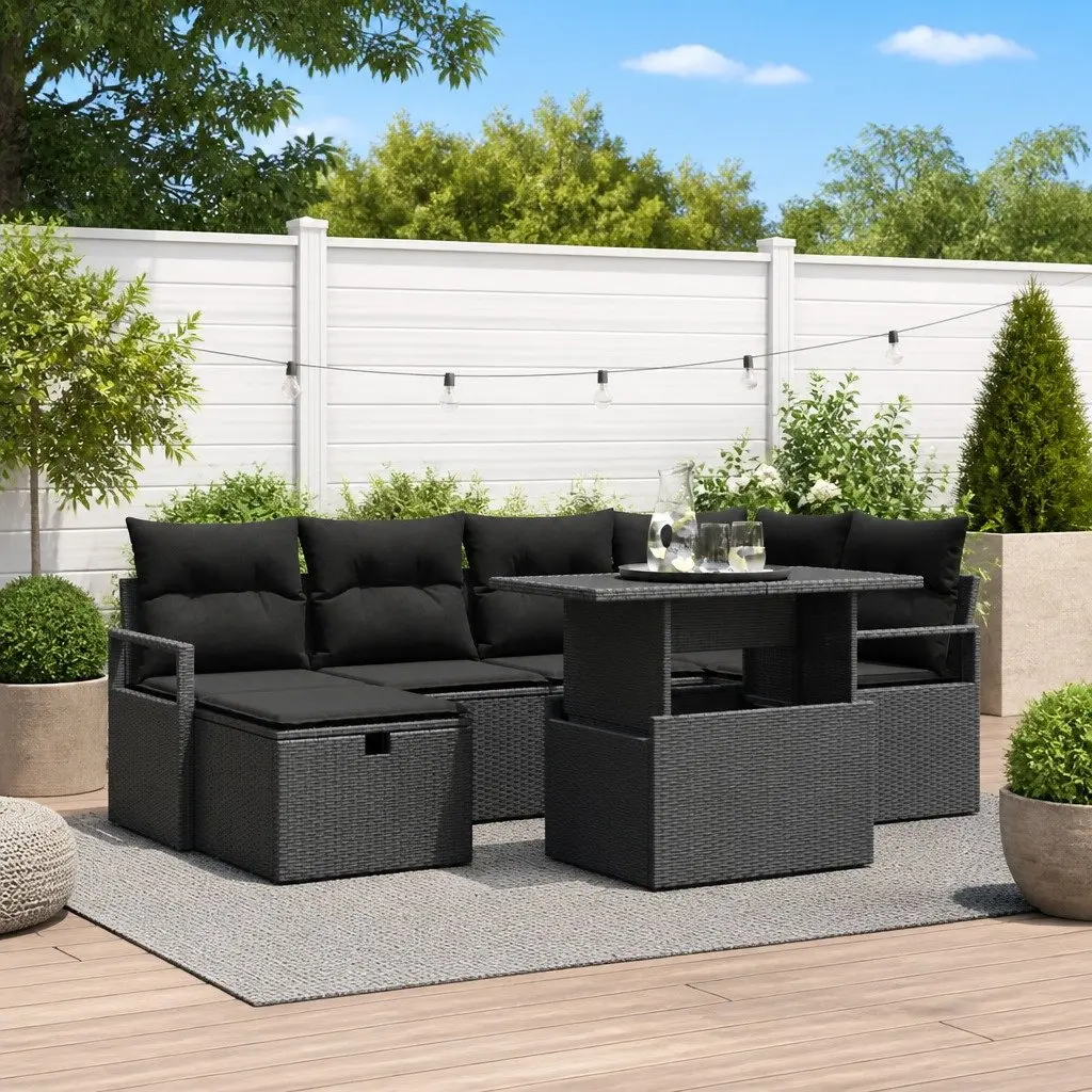 7-Piece Modular Black Poly Rattan Outdoor Sofa Set