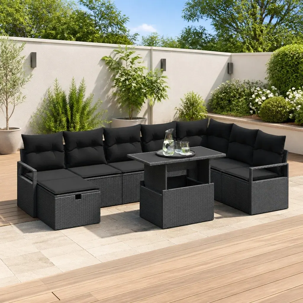 Modular Garden Sofa Set Poly Rattan 9 Piece Black Outdoor Furniture