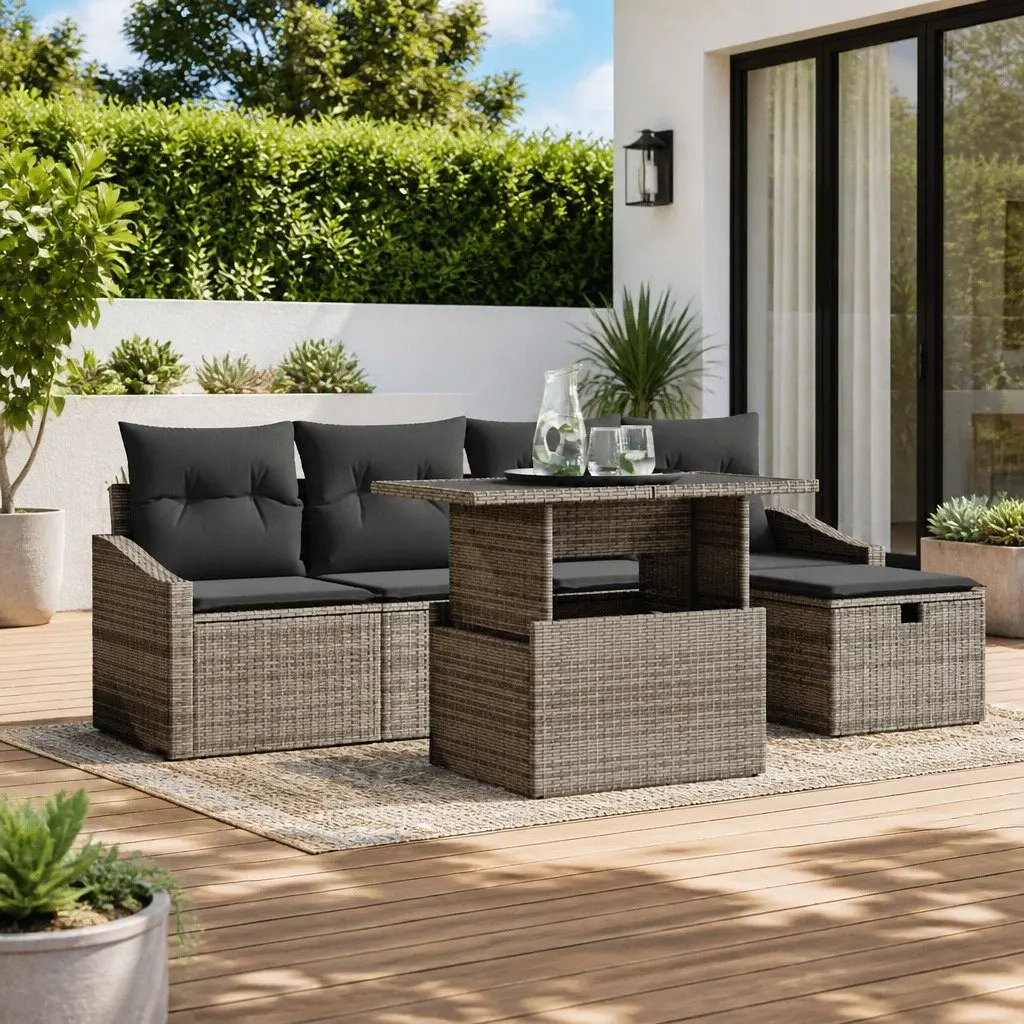 Garden Sofa Set Modular Outdoor Furniture 6 Pieces Grey Poly Rattan Height