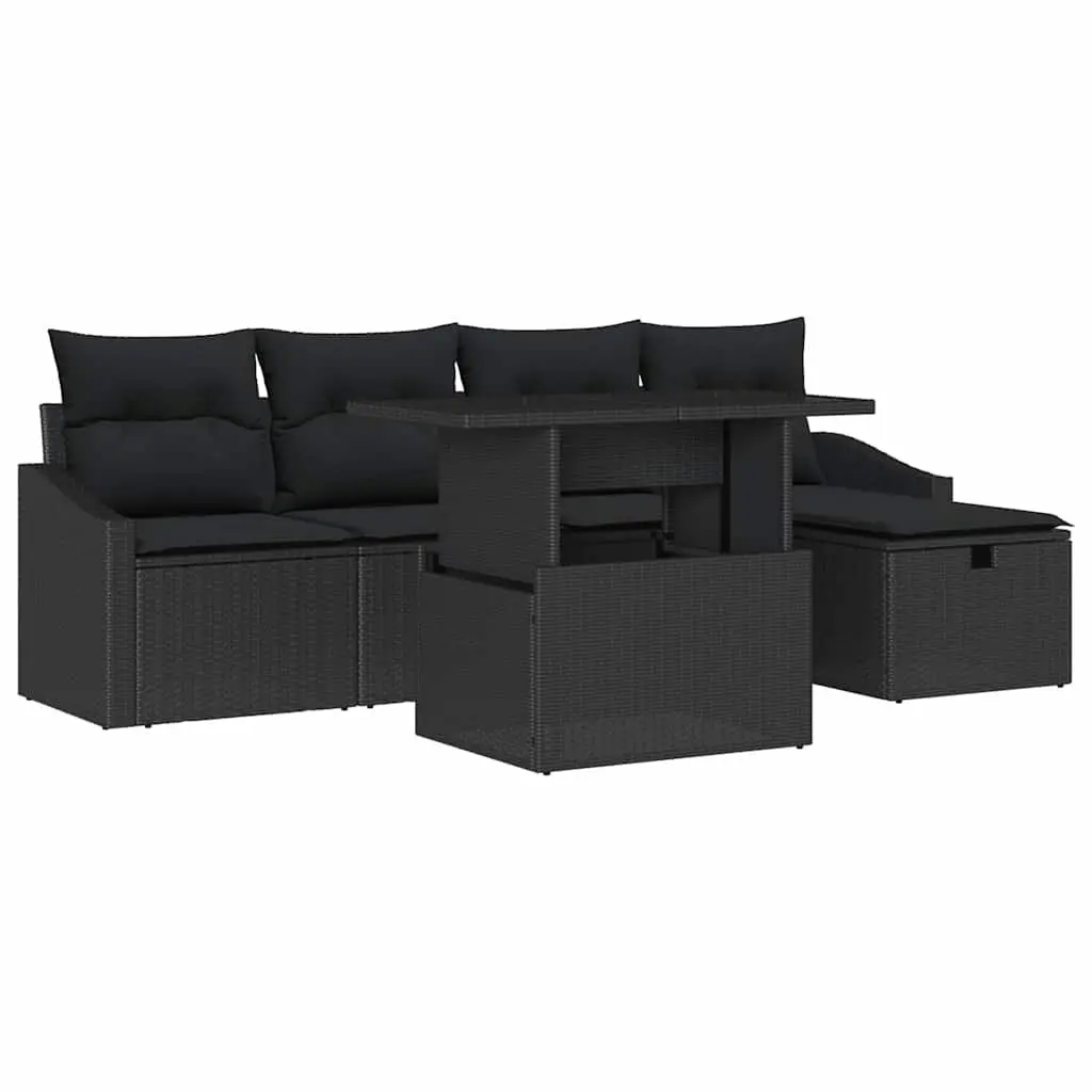 Garden Sofa Set Poly Rattan Solid Acacia Wood 6 Piece Black Modular Outdoor Furniture