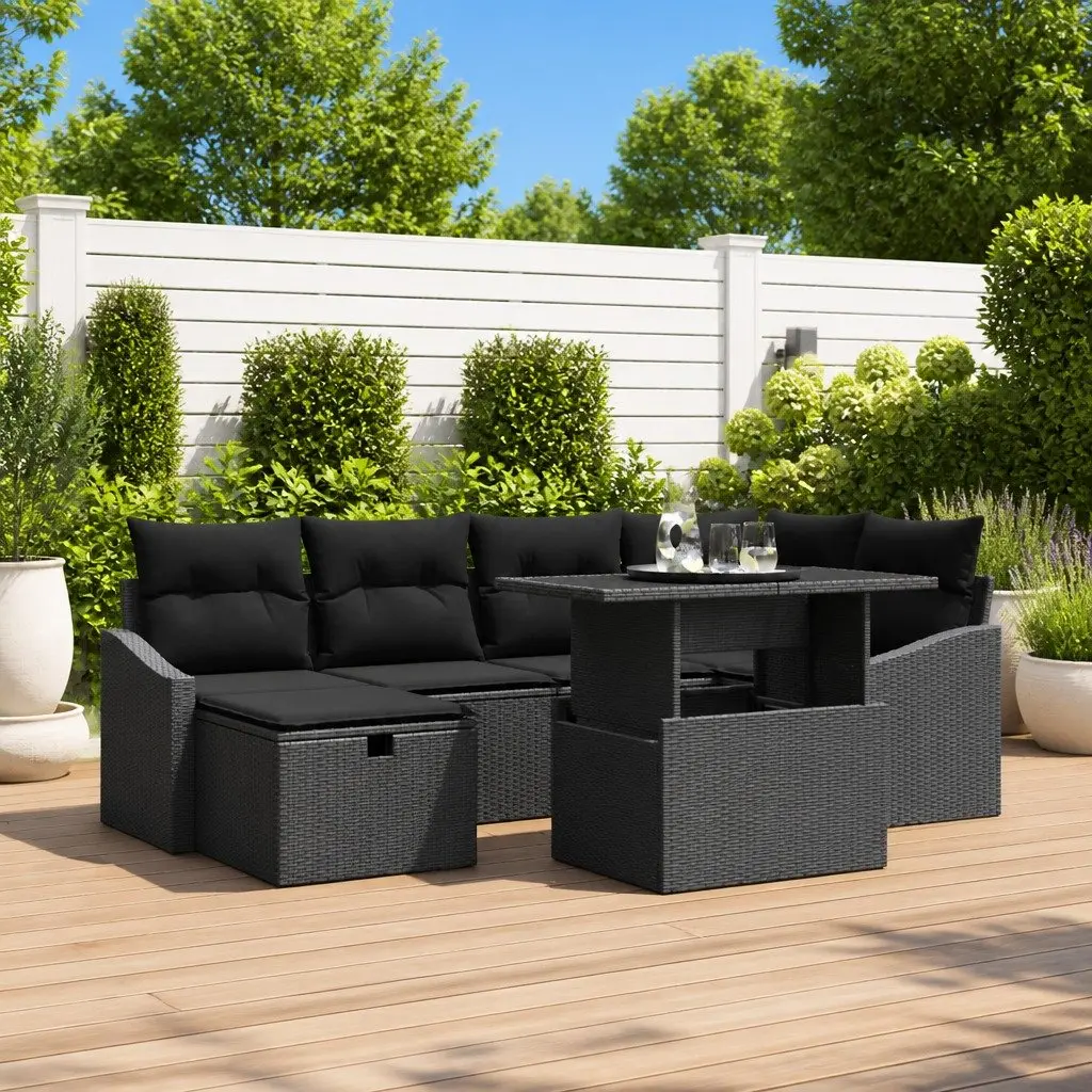 Modular 7-Piece Black Poly Rattan Garden Sofa Set