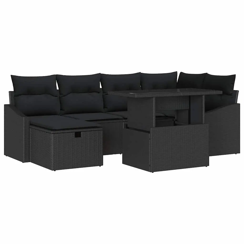Modular 7-Piece Black Poly Rattan Garden Sofa Set
