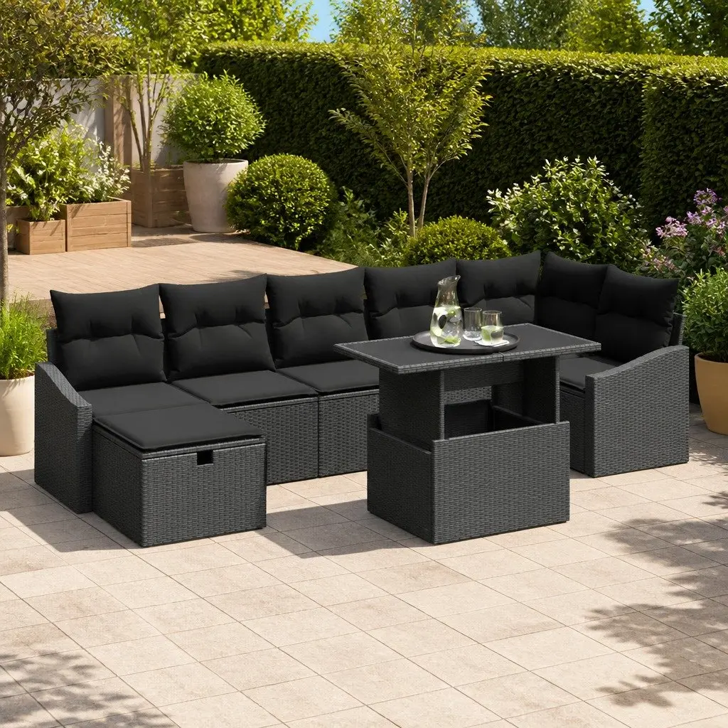 8 Piece Black Poly Rattan Modular Garden Sofa Set with Glass Table