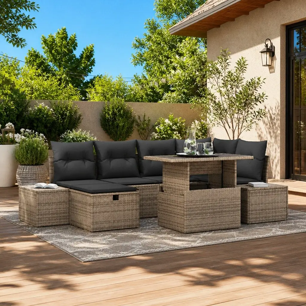 7-Piece Grey Modular Garden Sofa Set with Height-Adjustable Table
