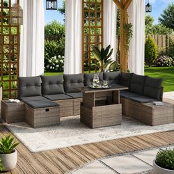 Durable 9-Piece Modular Garden Sofa Set with Height-Adjustable Table