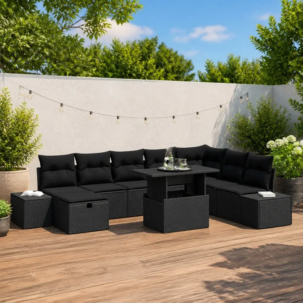 9 Piece Modular Garden Sofa Set Height-Adjustable Table Outdoor Furniture Black