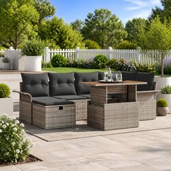 Garden Sofa Set 7 Pieces Height Adjustable Outdoor Furniture Grey Poly Rattan