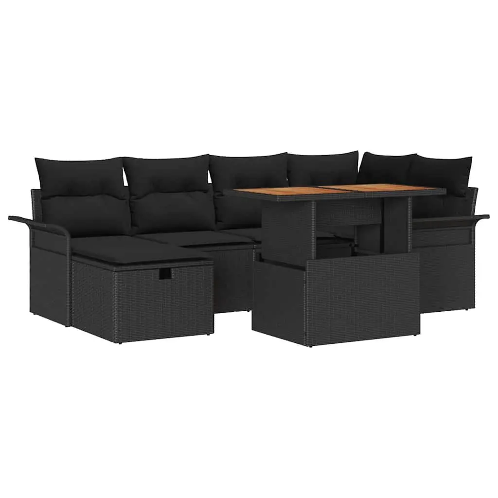 Garden Sofa Set Poly Rattan Acacia Wood 7 Piece Height-Adjustable Backrest Black