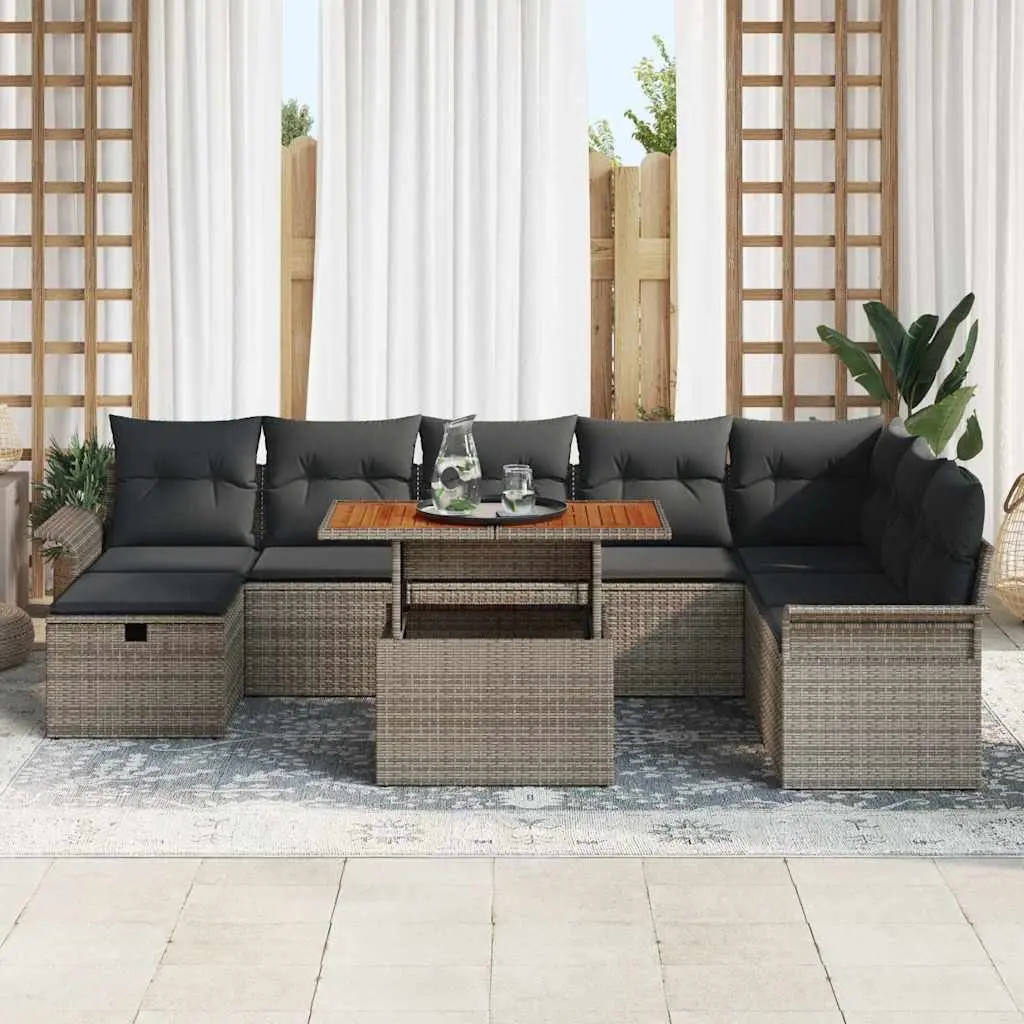 9-Piece Grey Poly Rattan Garden Sofa Set with Height Adjustment