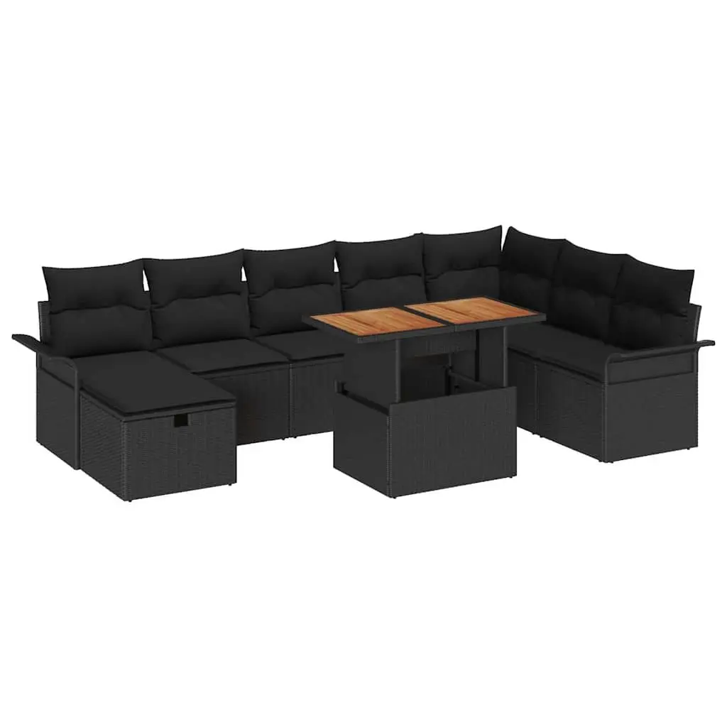 9 Piece Black Poly Rattan Garden Sofa Set