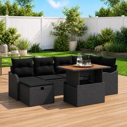 Height-Adjustable Black Poly Rattan 7-Piece Garden Sofa Set
