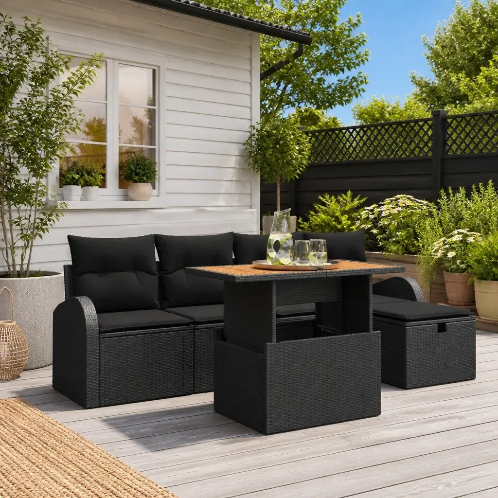 6 Piece Black Poly Rattan Garden Sofa Set with Adjustable Height