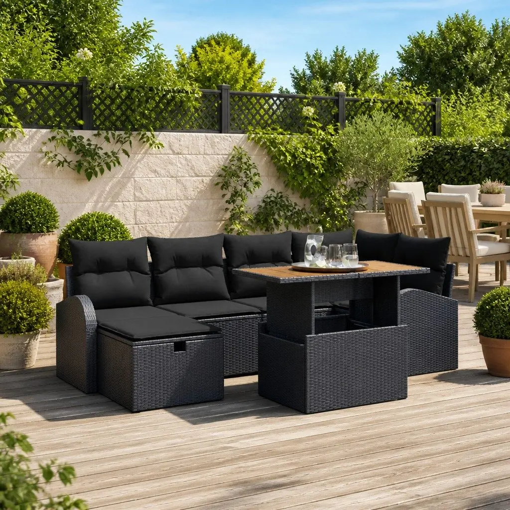 Garden Sofa Set Poly Rattan Solid Acacia Wood Height-Adjustable Black 7 Piece