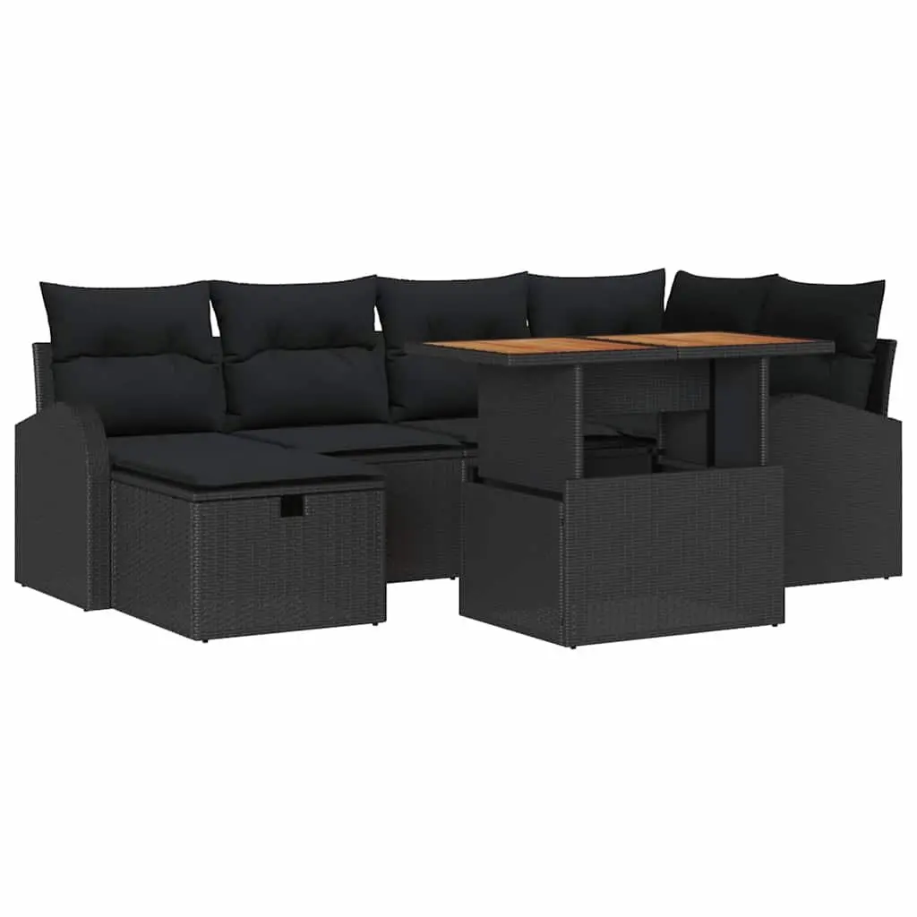 Garden Sofa Set Poly Rattan Solid Acacia Wood Height-Adjustable Black 7 Piece