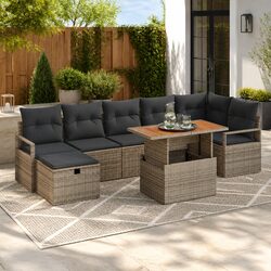 Garden Sofa Set Height-Adjustable Outdoor Furniture 8 Pieces Grey Poly Rattan