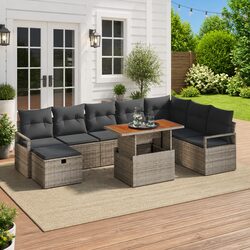 Garden Sofa Set 9 Pieces Height-Adjustable Grey Poly Rattan Outdoor Furniture