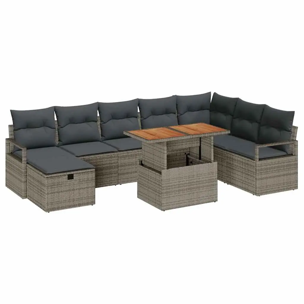 9-Piece Grey Poly Rattan Garden Sofa Set