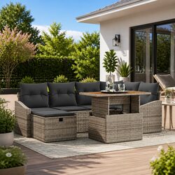 Sturdy 7-Piece Grey Poly Rattan Garden Sofa Set