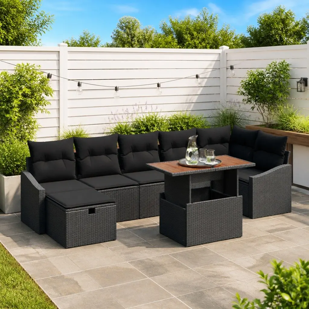 8-Piece Black Poly Rattan Outdoor Sofa Set with Adjustable Height