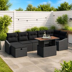 8-Piece Black Poly Rattan Outdoor Sofa Set with Adjustable Height