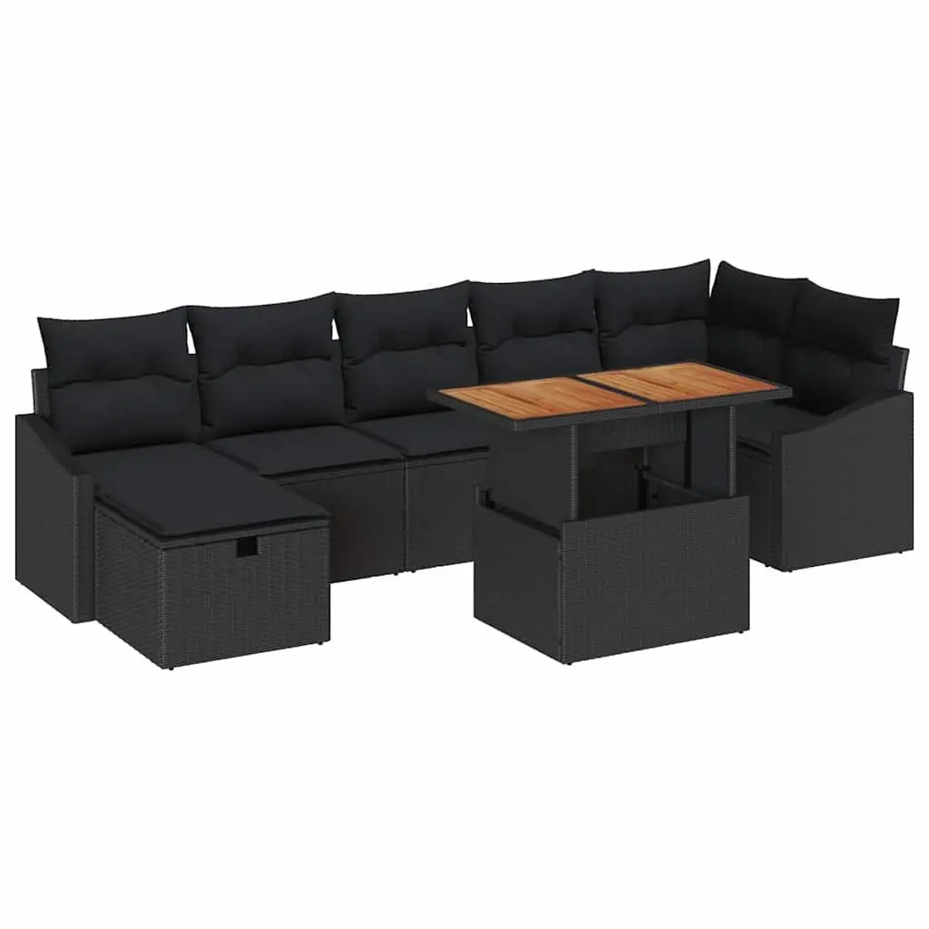 8-Piece Black Poly Rattan Outdoor Sofa Set with Adjustable Height