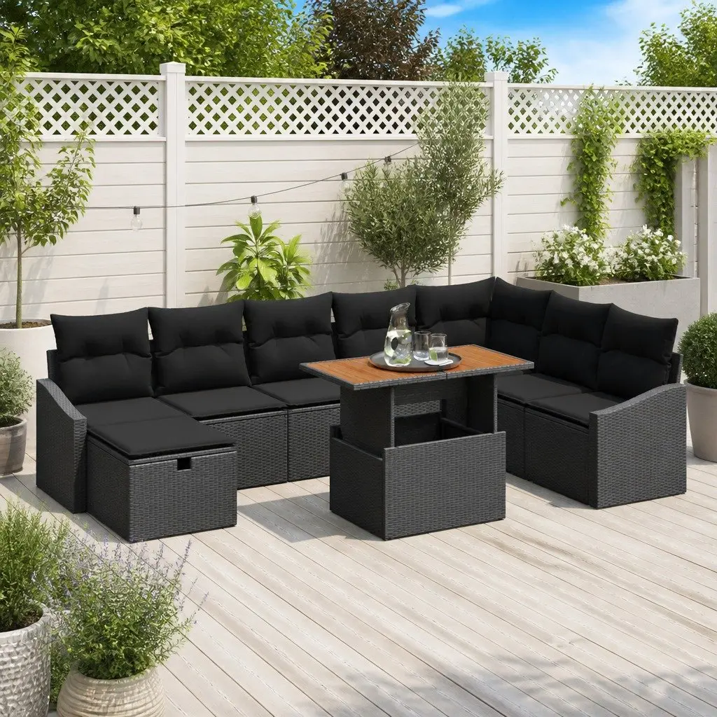 Height-Adjustable 9-Piece Modular Black Poly Rattan Sofa Set