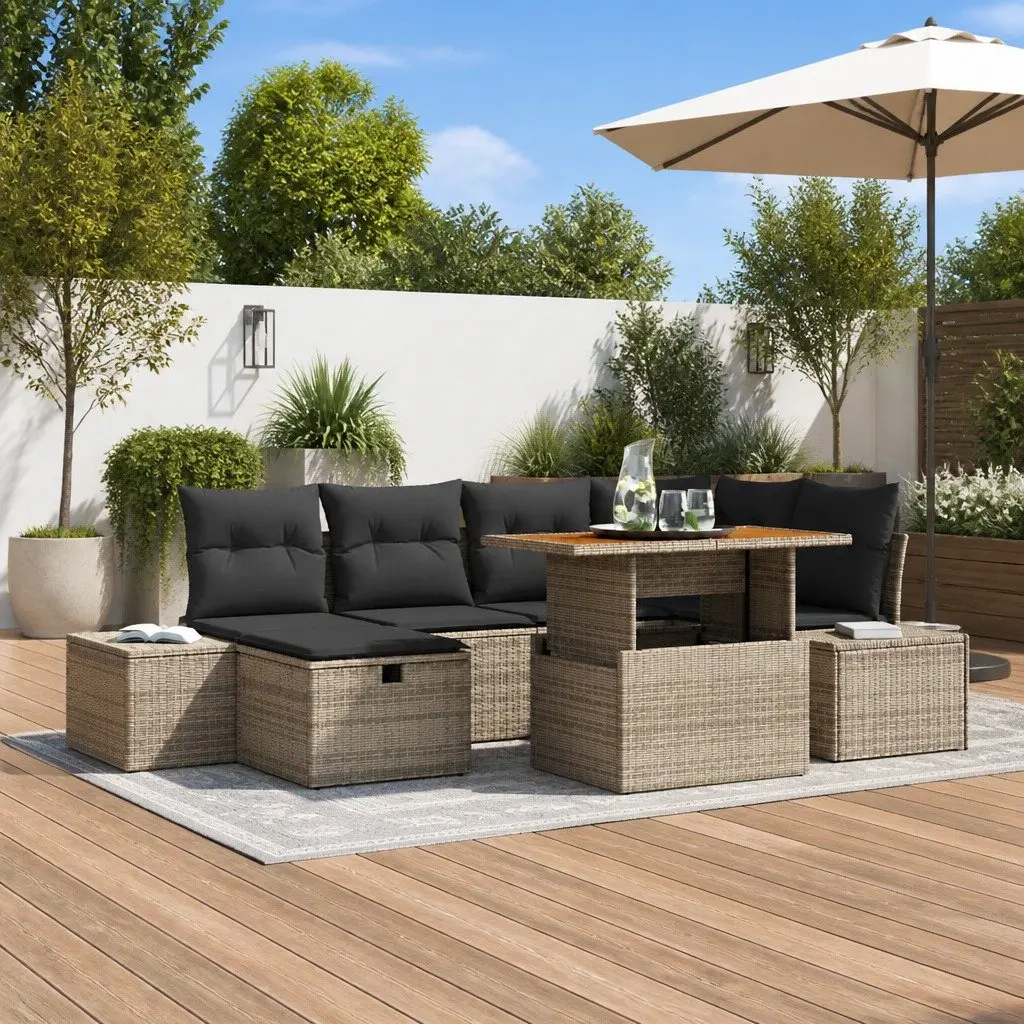Height-Adjustable 7-Piece Grey Poly Rattan Garden Sofa Set