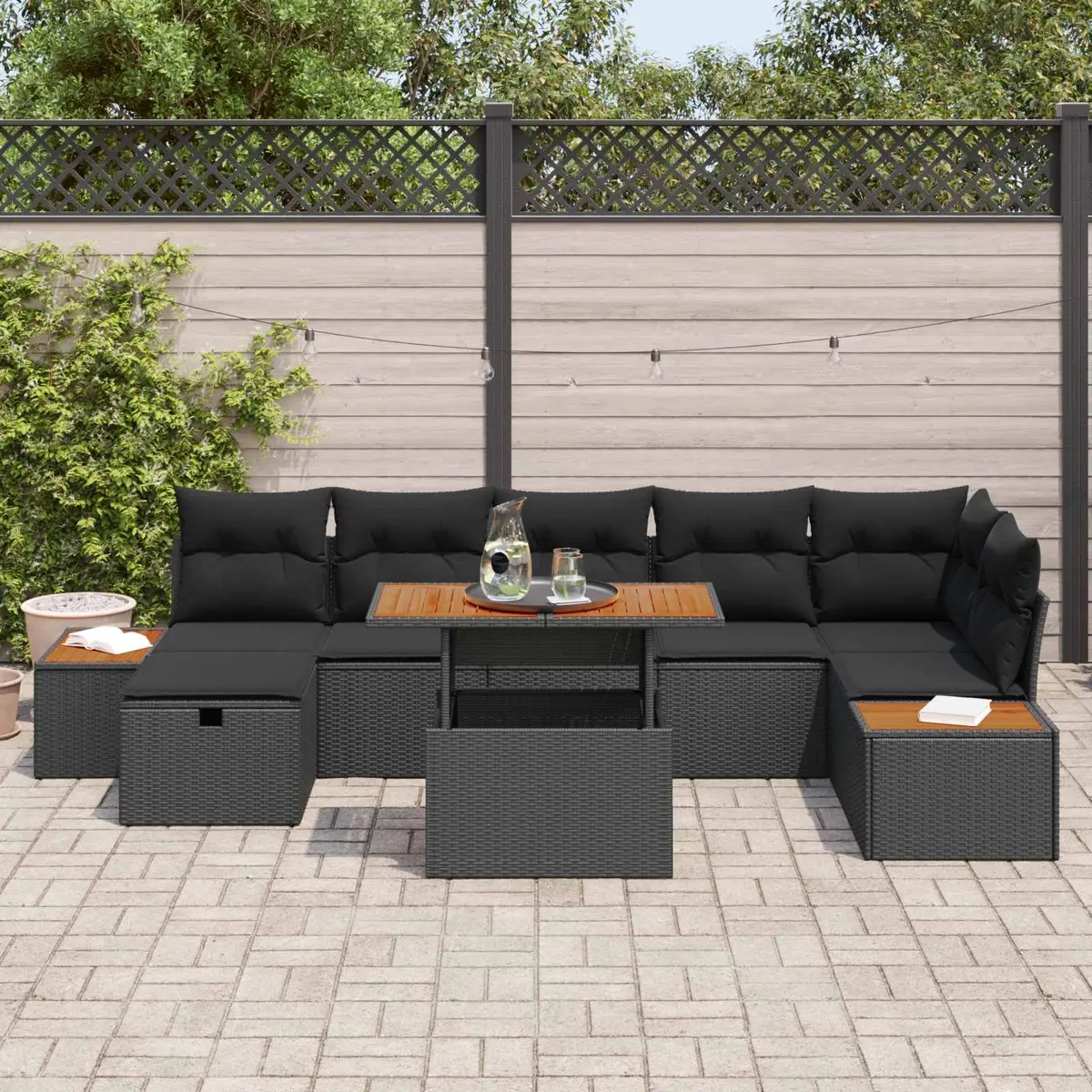 Garden Sofa Set Poly Rattan Solid Acacia Wood 8 Piece Black Height Adjustable