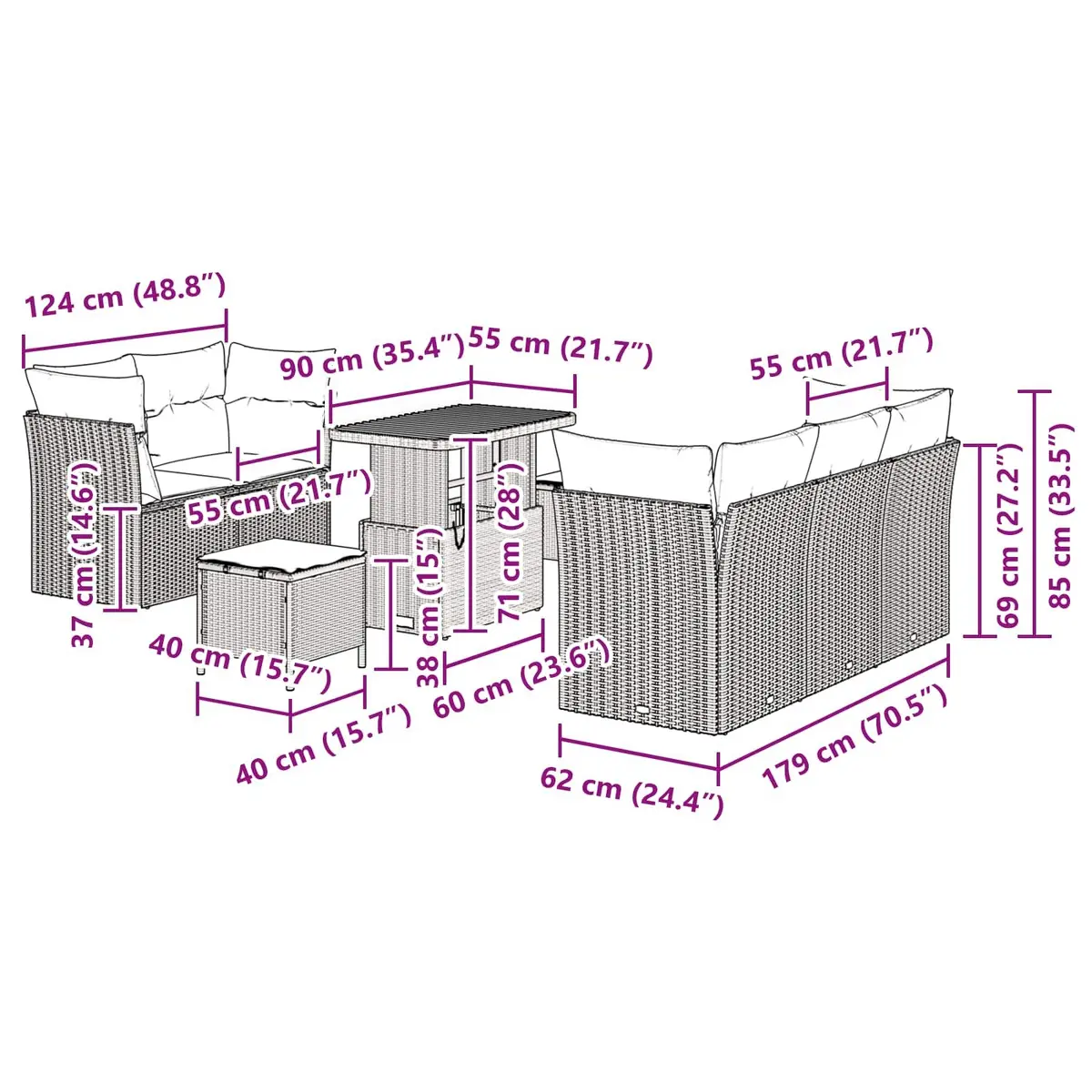 Modular Garden Sofa Set Poly Rattan Solid Acacia Wood Powder-Coated Steel Frame 8 Piece Black Outdoor Furniture