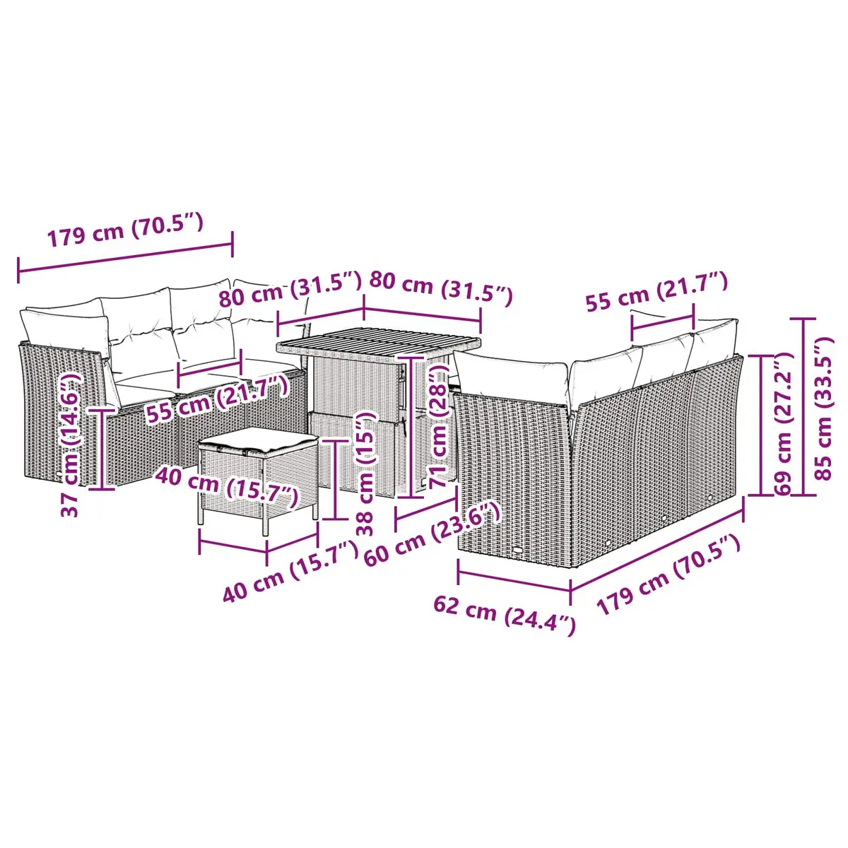 Black Modular Garden Sofa Set with Adjustable Height