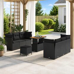 9-Piece Black Poly Rattan Modular Garden Sofa Set