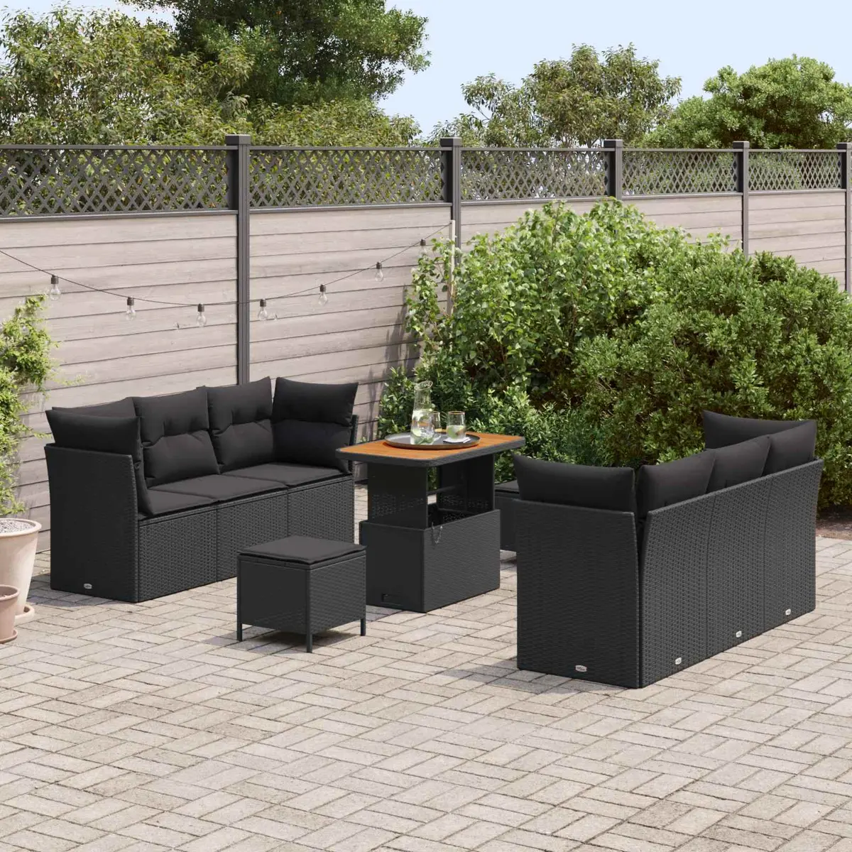 9-Piece Black Poly Rattan Modular Garden Sofa Set
