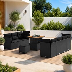 10 Piece Black Modular Garden Sofa Set with Rattan