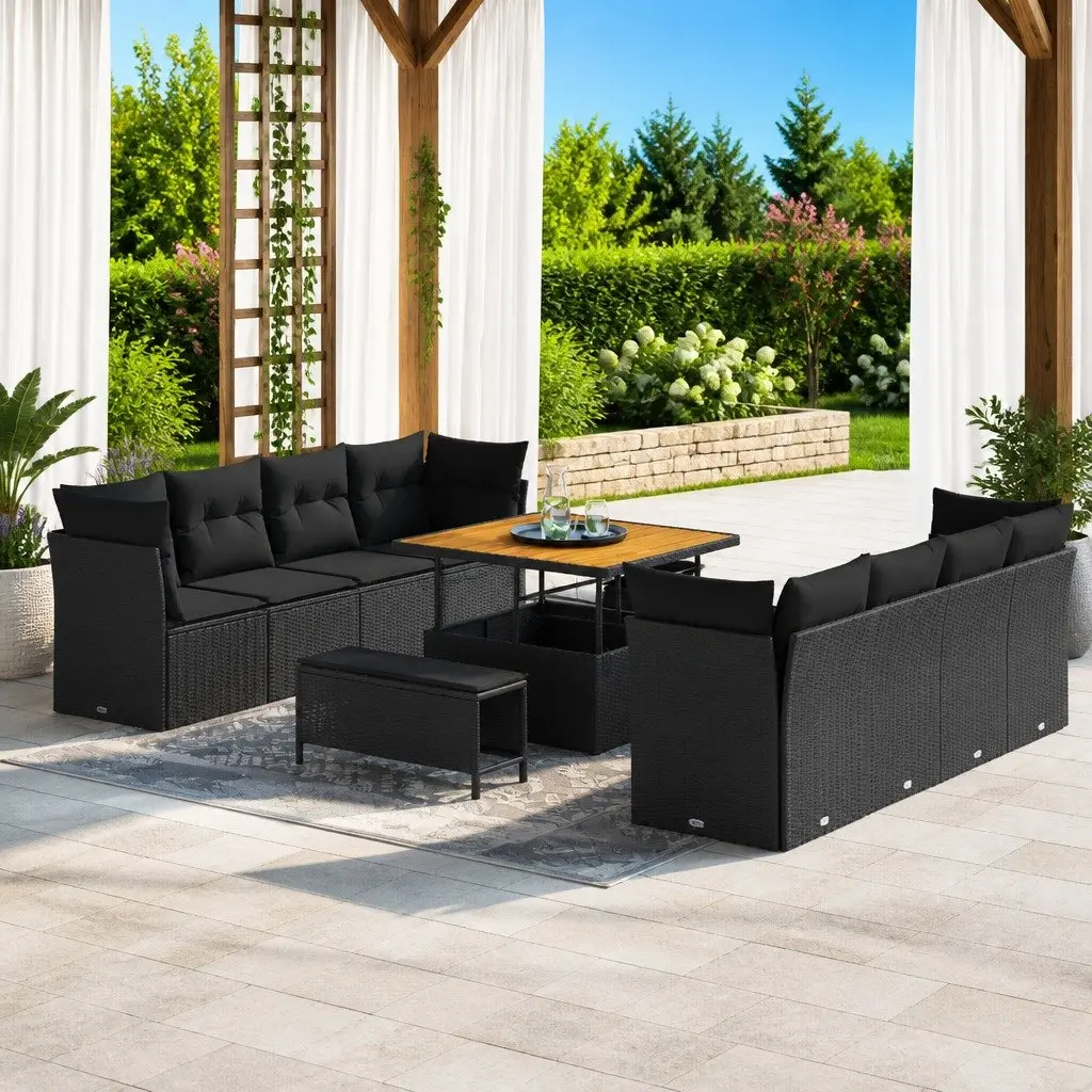 11-Piece Black Poly Rattan Outdoor Sofa Set