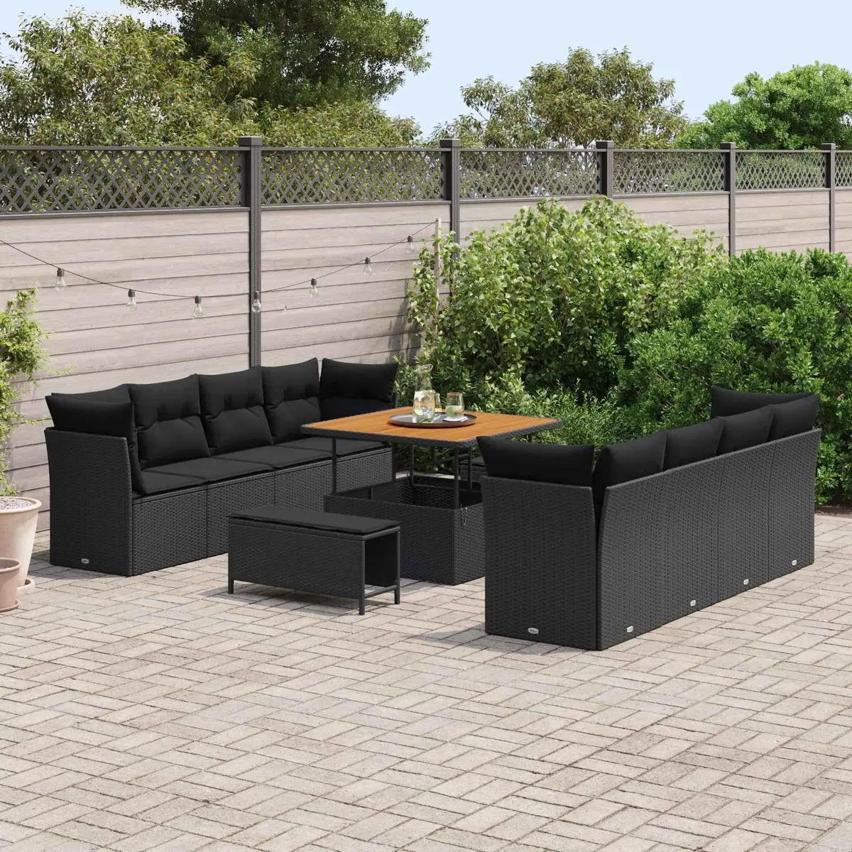 11-Piece Black Poly Rattan Outdoor Sofa Set