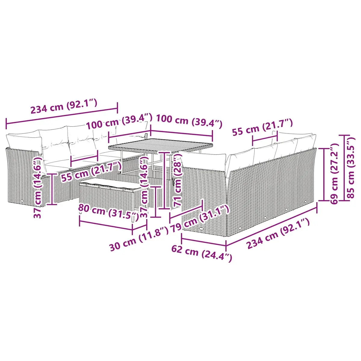 11-Piece Black Poly Rattan Outdoor Sofa Set