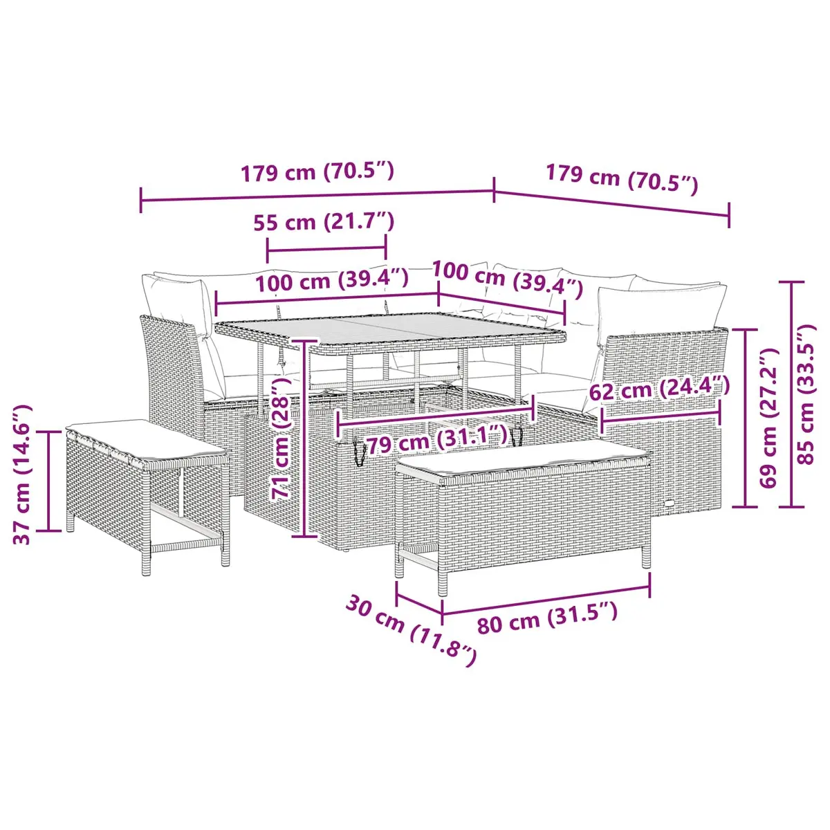 Modular 8-Piece Outdoor Garden Sofa Set with Adjustable Height