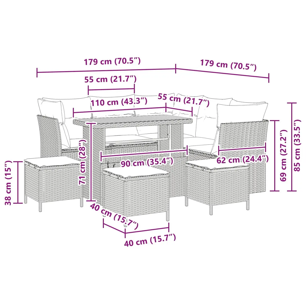 9-Piece Modular Garden Sofa Set with Adjustable Height