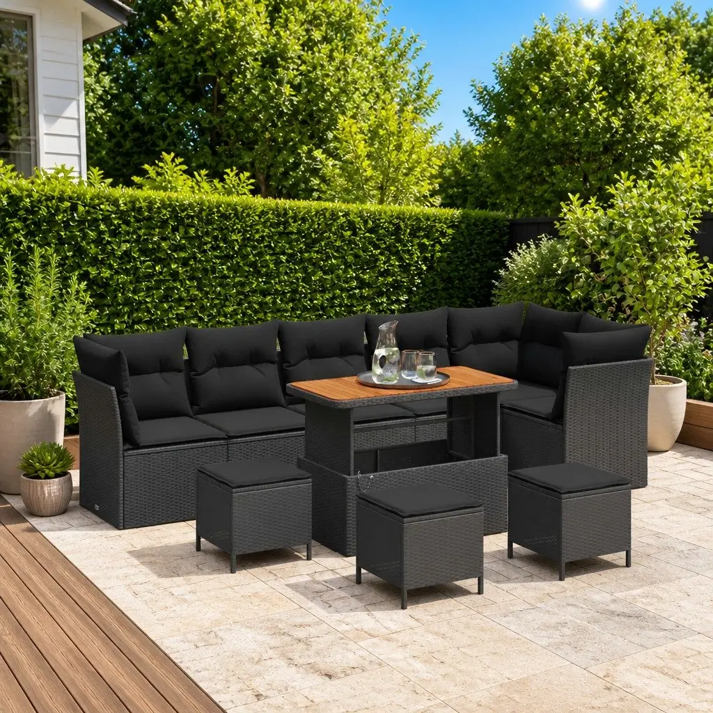 Garden Sofa Set Poly Rattan Acacia Wood 10 Piece Black Modular Outdoor Furniture