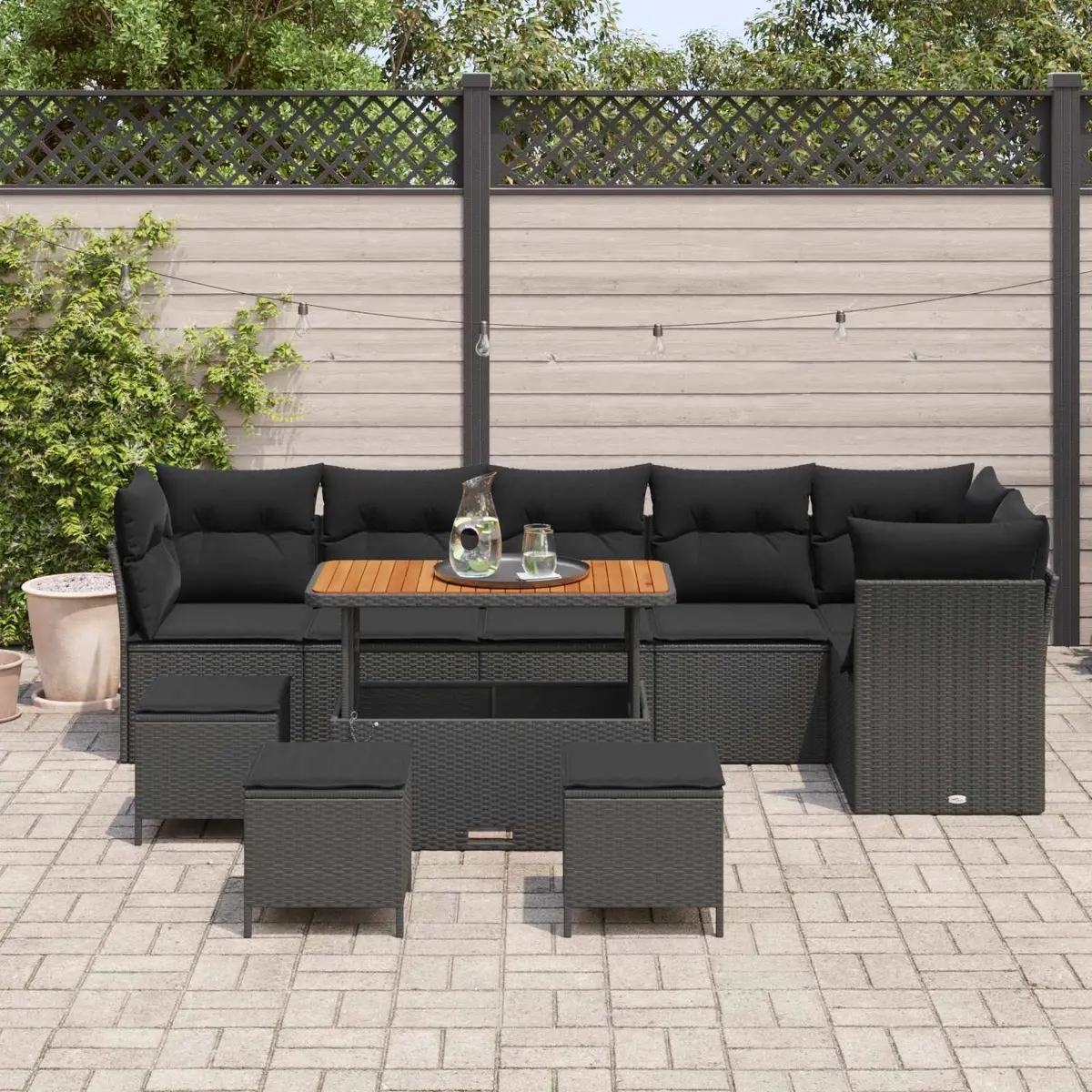 Garden Sofa Set Poly Rattan Acacia Wood 10 Piece Black Modular Outdoor Furniture