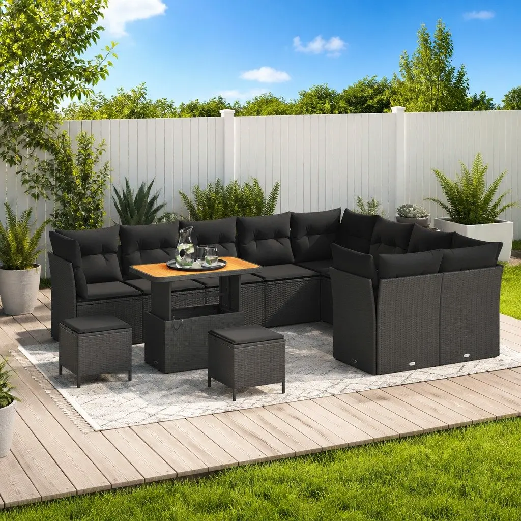 Outdoor Garden Sofa Set Poly Rattan Solid Acacia Wood Steel Frame 12 pcs Black