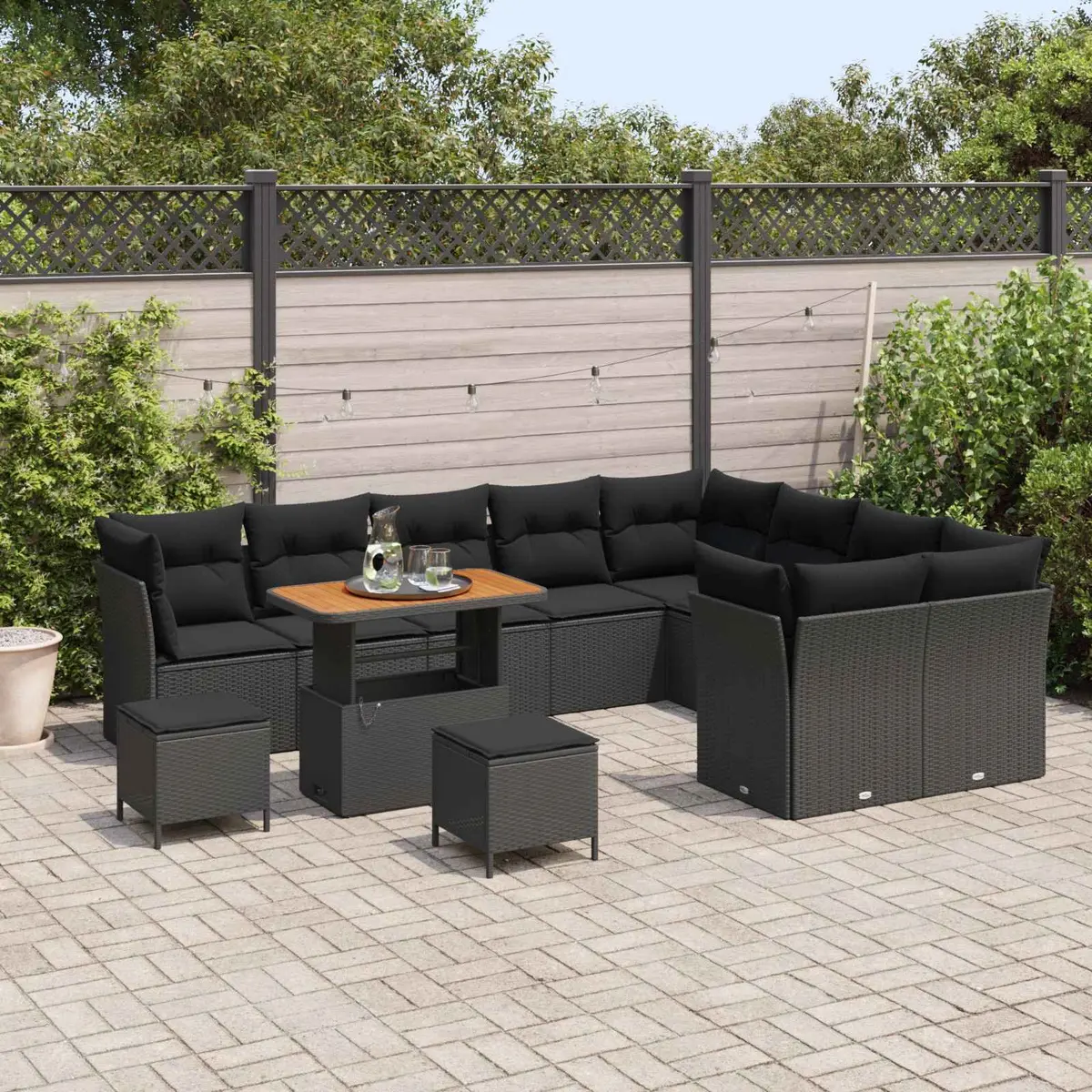 Outdoor Garden Sofa Set Poly Rattan Solid Acacia Wood Steel Frame 12 pcs Black