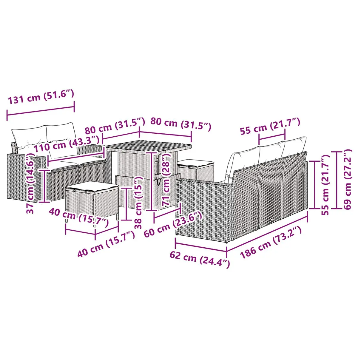 Modular Garden Sofa Set Poly Rattan 8 Pieces Black Outdoor Furniture