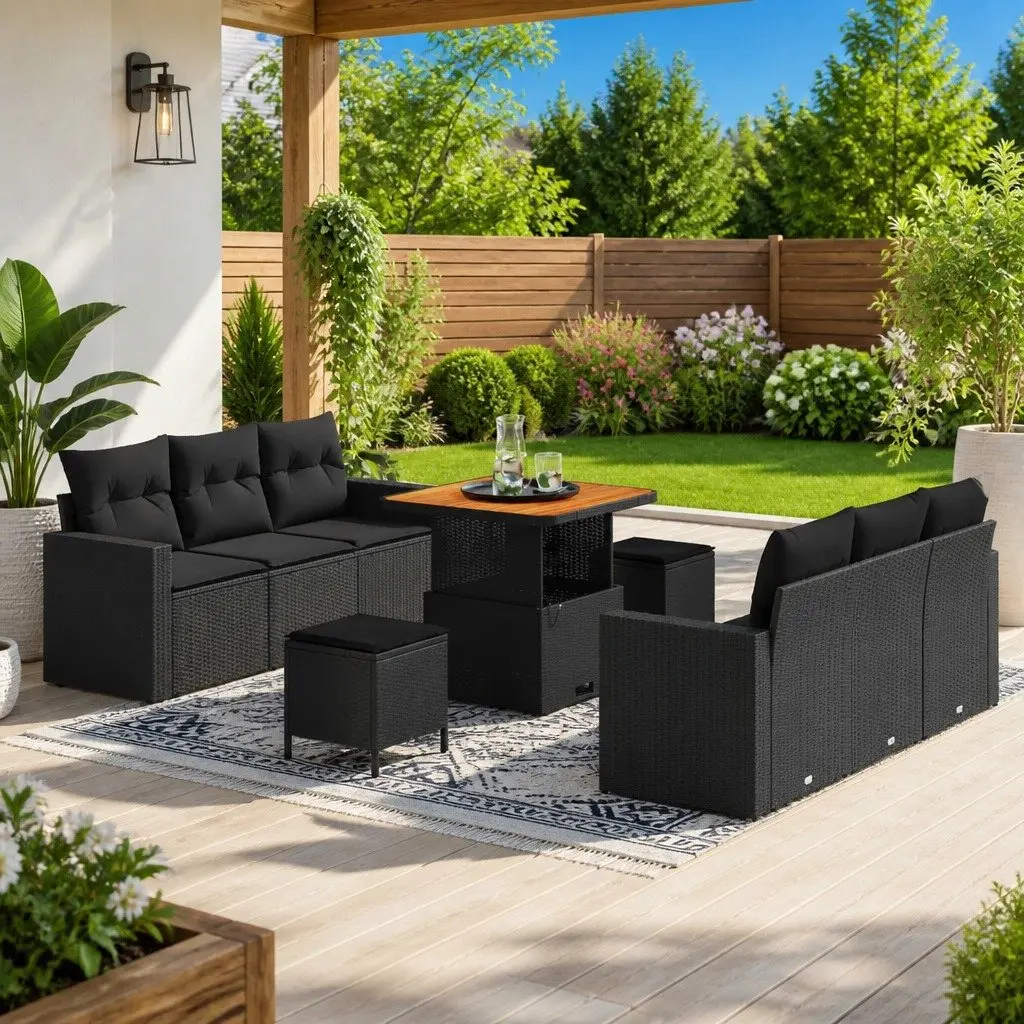 Modular Garden Sofa Set Poly Rattan 9 Pieces Black Outdoor