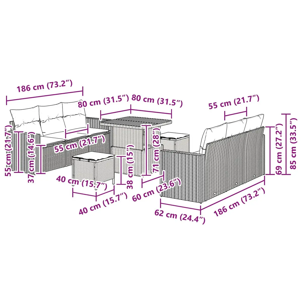 Modular Garden Sofa Set Poly Rattan 9 Pieces Black Outdoor