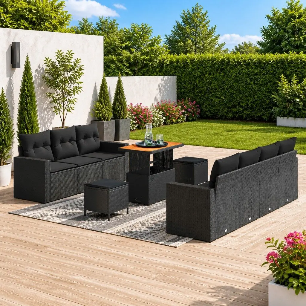 Modular Garden Sofa Set Poly Rattan Acacia Wood Black 10 Piece Outdoor Patio Furniture